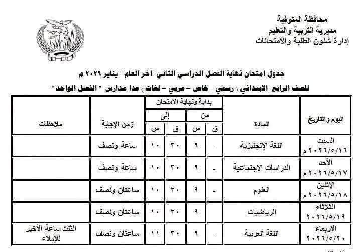 جدول امتحانات الصف الرابع الابتدائي 2026 محافظة ال جدول امتحانات الصف الرابع الابتدائي 2026 محافظة ال